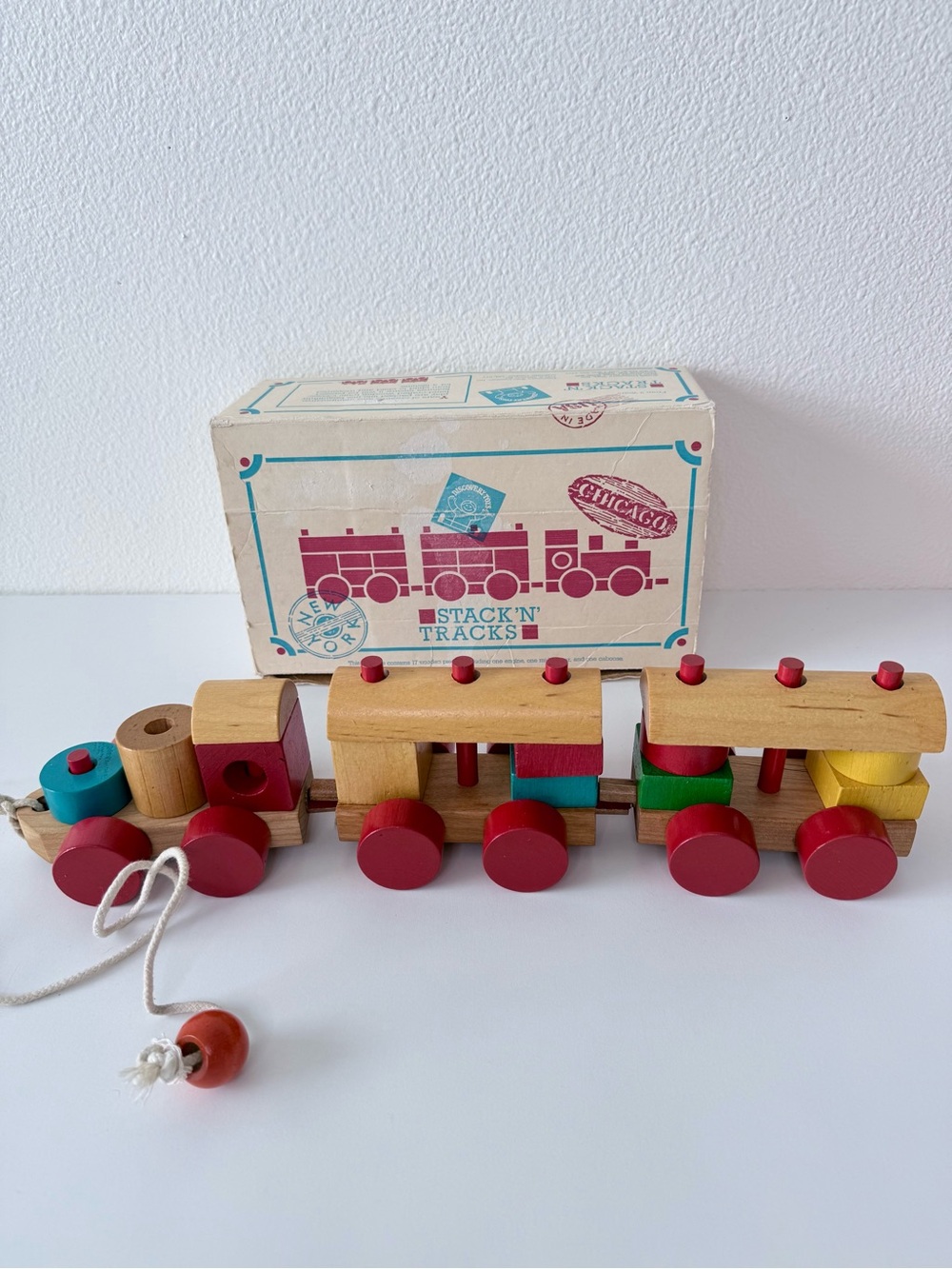 Vintage 1988 Discovery Toys Stack 'N' Tracks Wooden Train 15/17 Pcs w/ Box